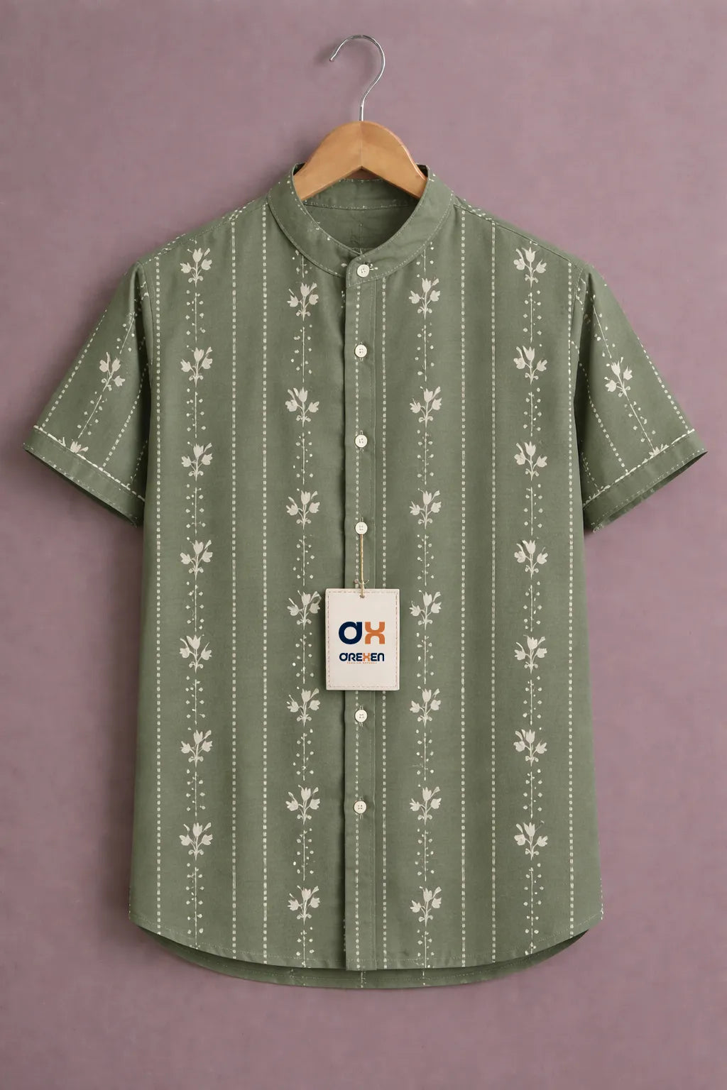 Olive Green Mandarin Collar Printed Shirt