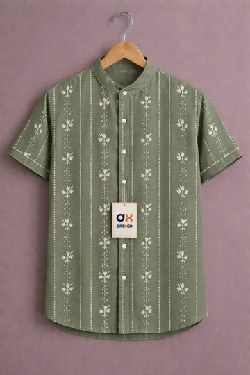 Olive Green Mandarin Collar Printed Shirt
