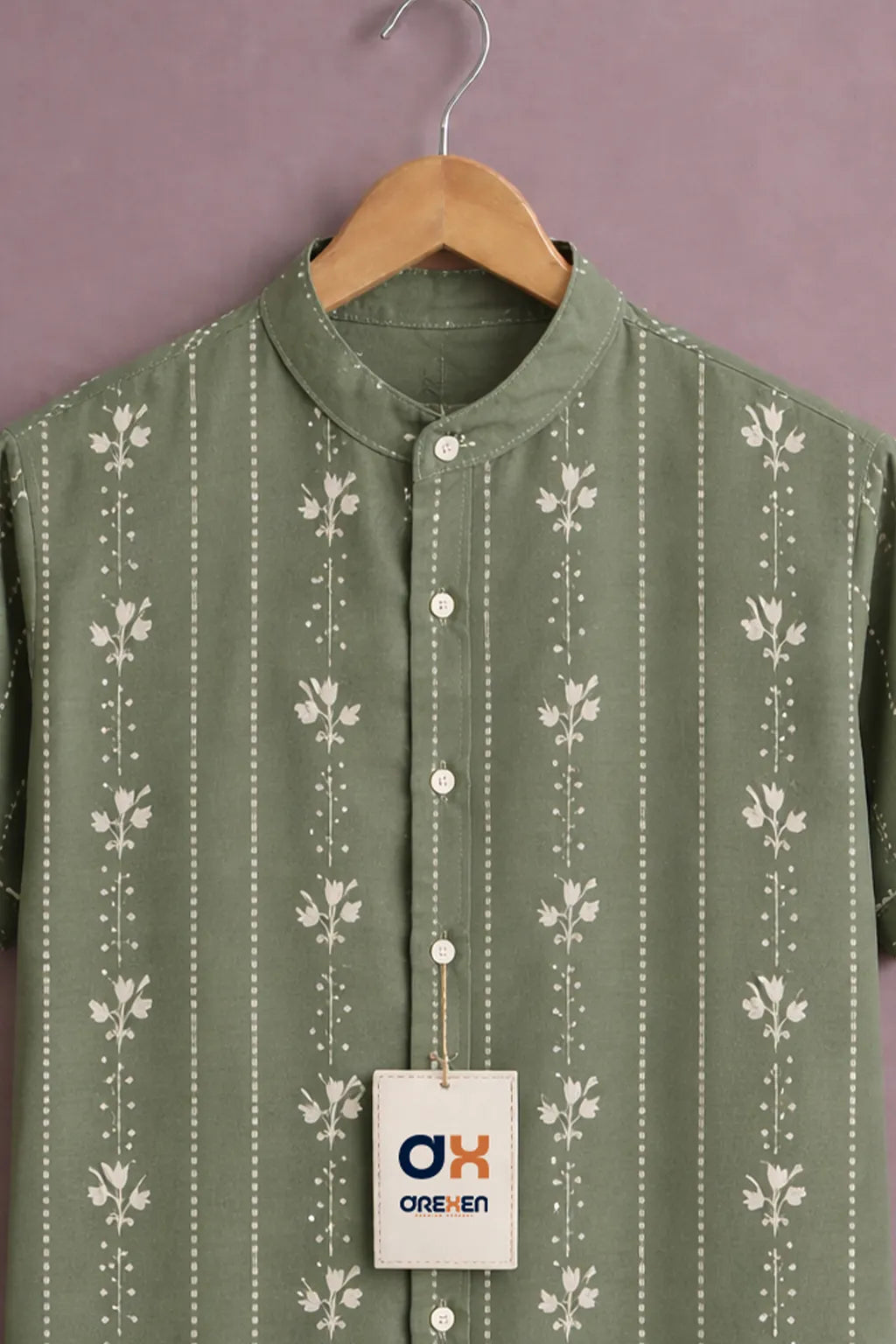 Olive Green Mandarin Collar Printed Shirt