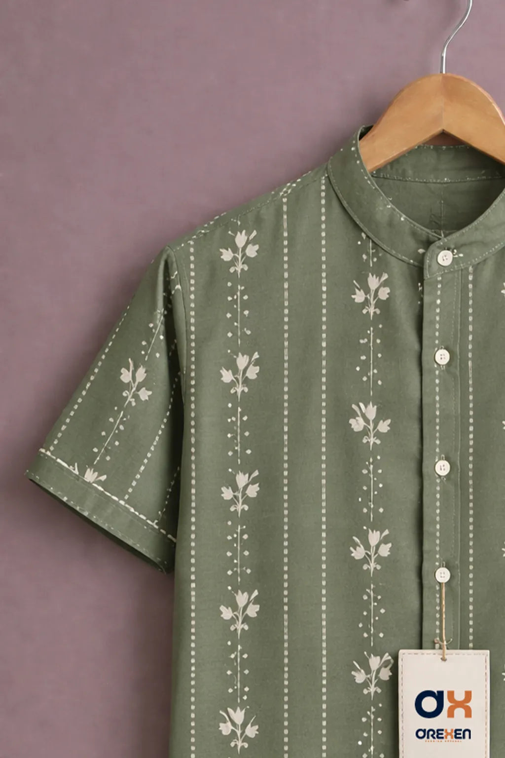 Olive Green Mandarin Collar Printed Shirt